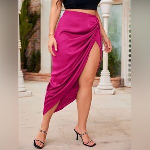 Ruched Split Thigh Satin Skirt